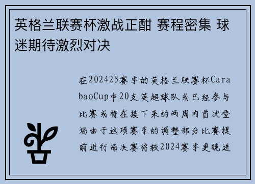 英格兰联赛杯激战正酣 赛程密集 球迷期待激烈对决